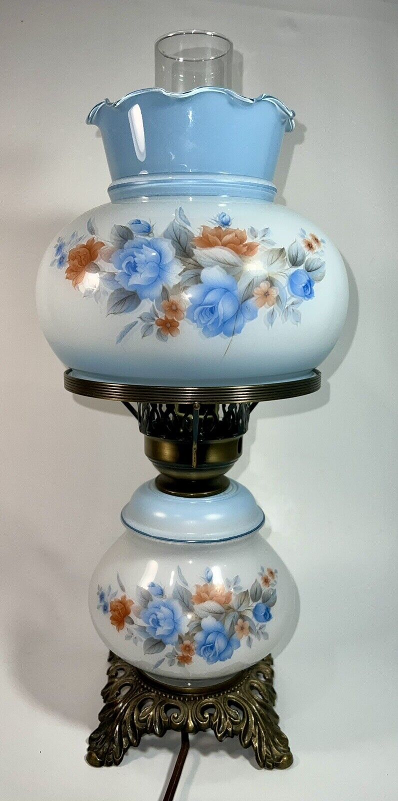 Vintage Gone With the Wind Style Hurricane Lamp 3-way Electric Hand Painted