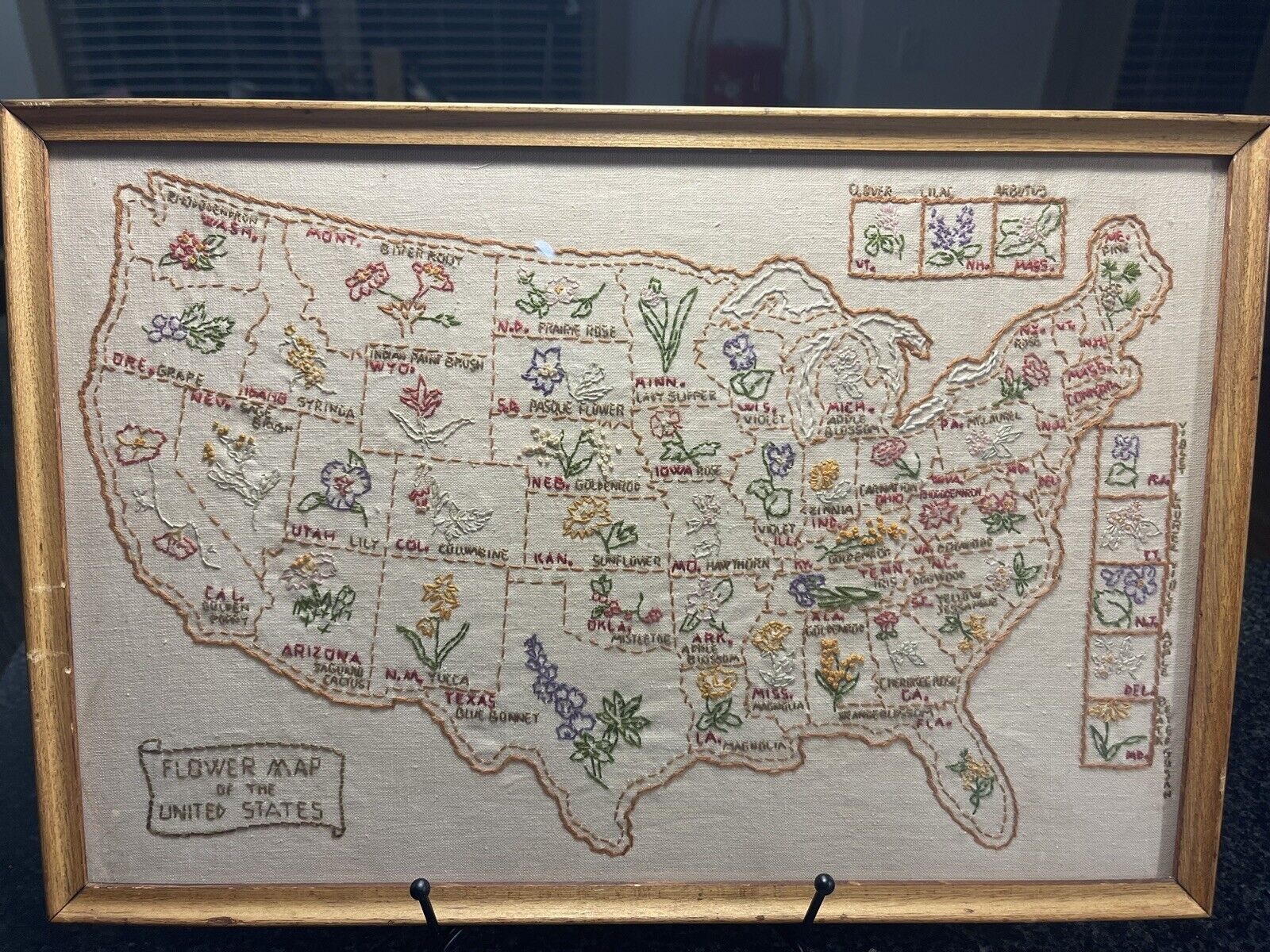 Vintage Needle Point Sampler Embroidered Map of United States & State Flowers