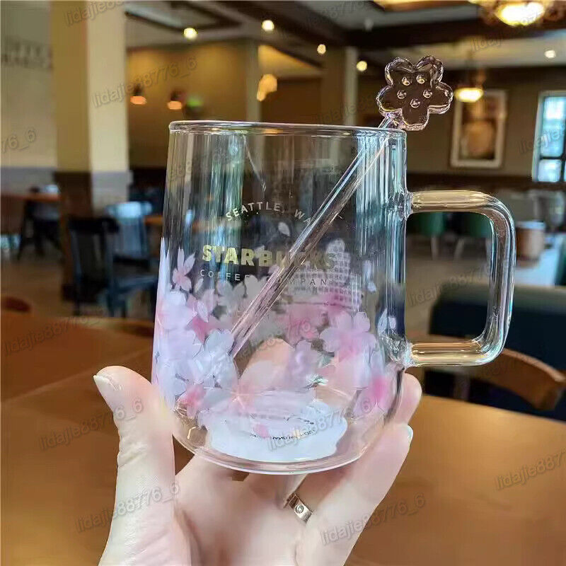 2023 Starbucks Sakura Glass Cup W + Stir rod Cherry blossom Coffee Mugs New