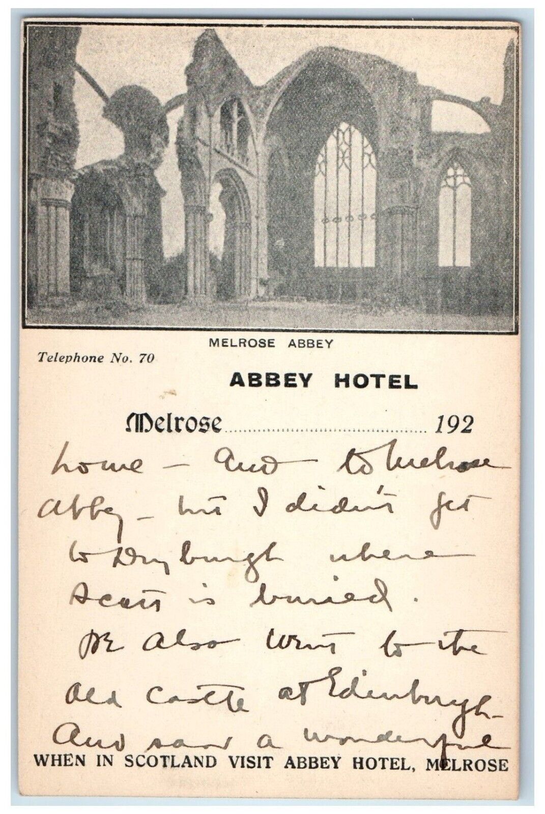 c1905 Abbey Hotel Melrose Abbey Scotland Visit Melrose Vintage Antique Postcard