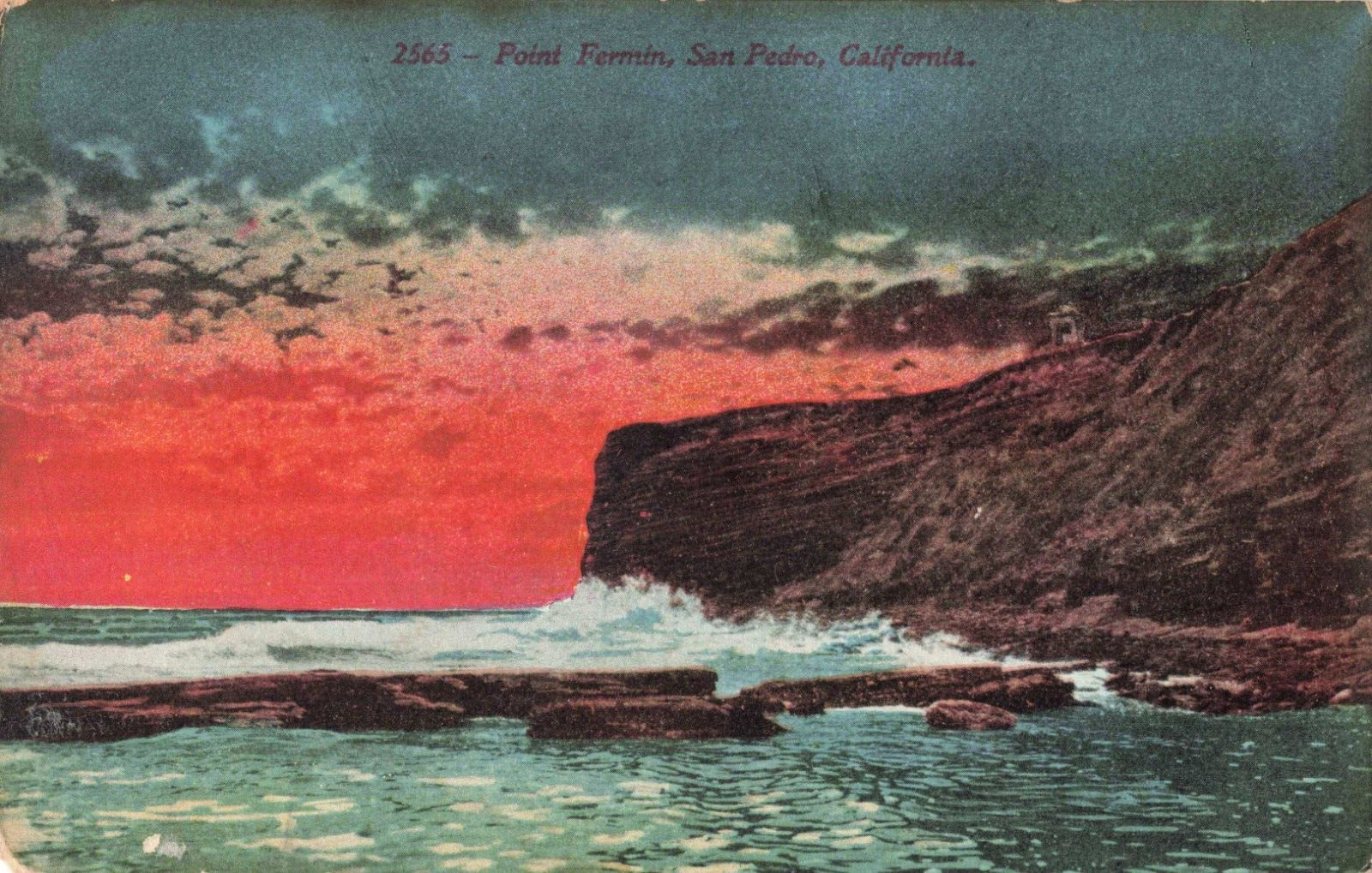San Pedro CA California, Point Fermin Rocks & Surf at Sunset, Vintage Postcard