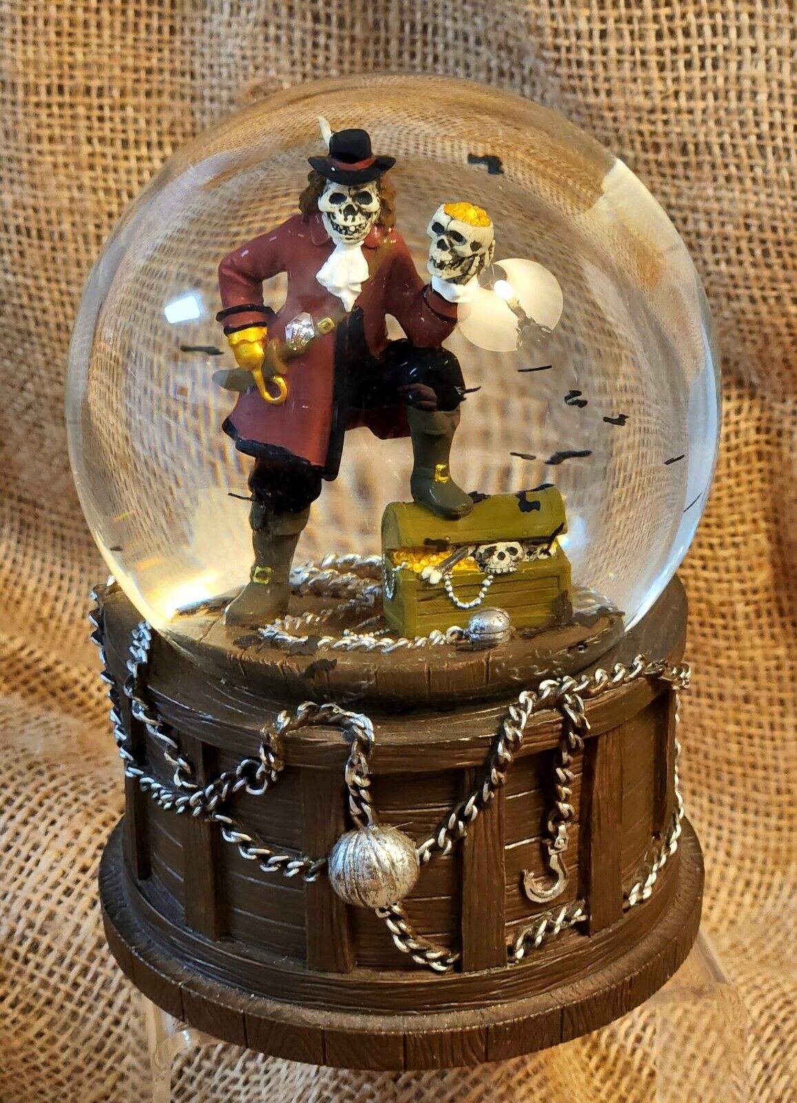 Pirate Halloween Snow Globe with Bats, Plays Music, Excellent Condition
