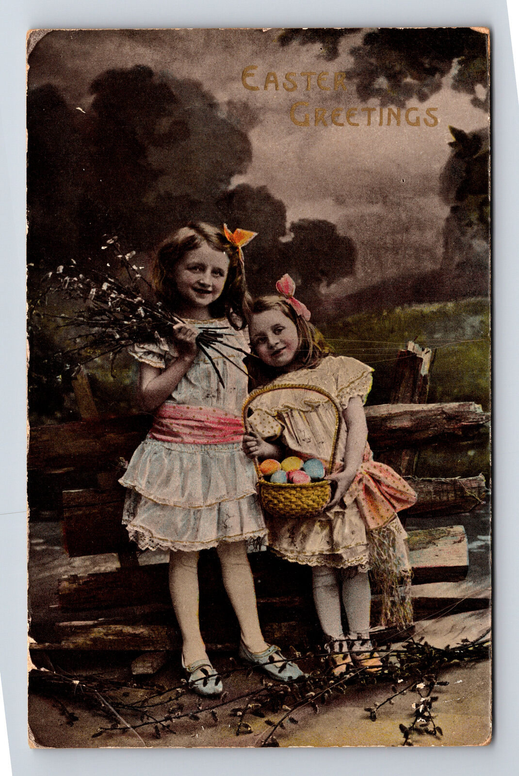 Easter Greetings Two Girls Basket Flowers Eggs ARNOCHROM Postcard