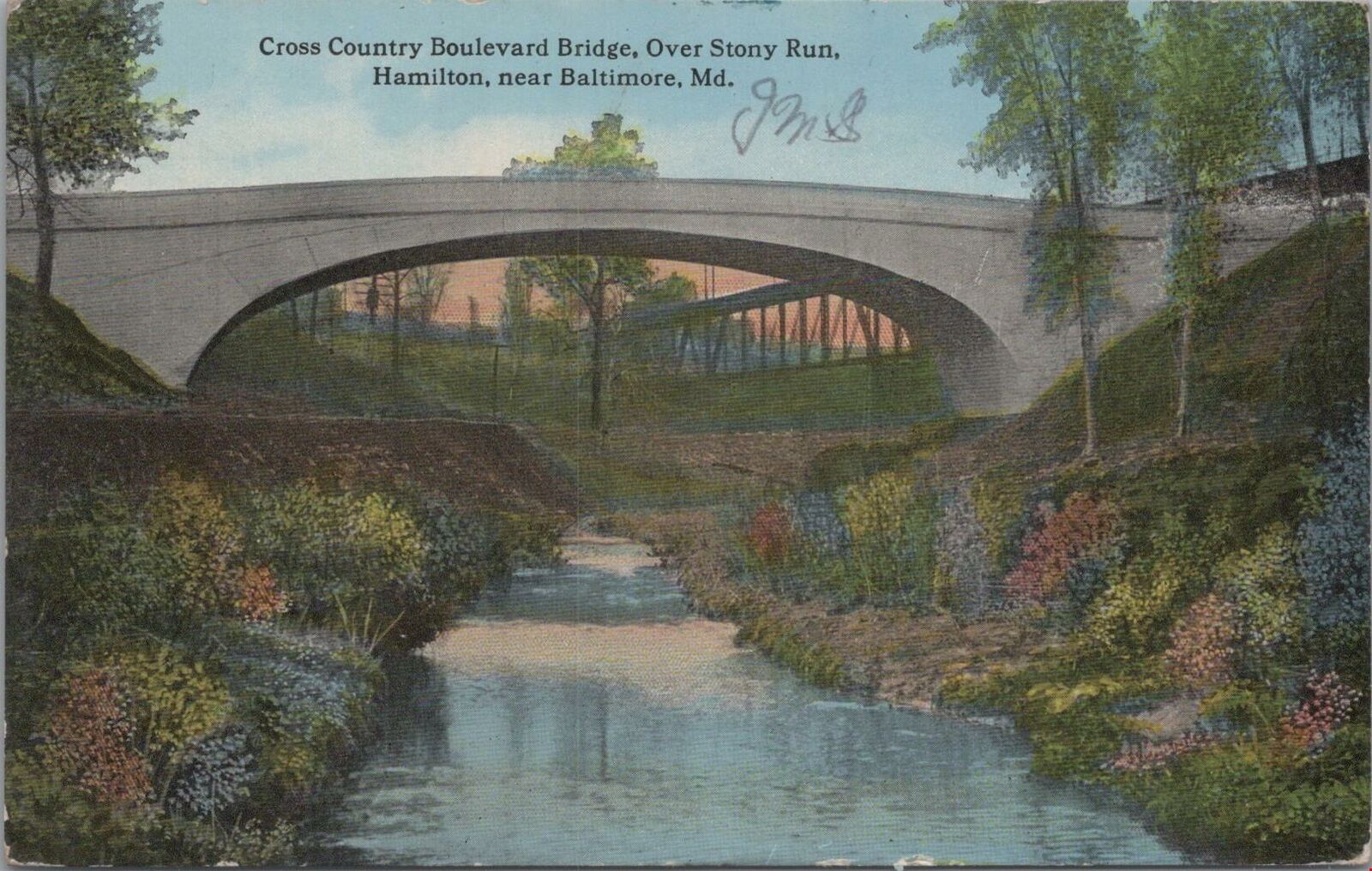 Postcard Cross Country Boulevard Bridge Over Stony Run Hamilton MD Maryland 
