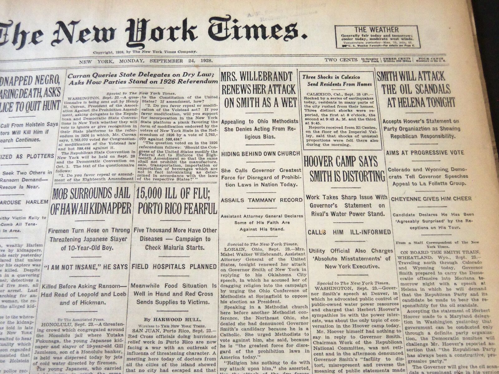 1928 SEPT 24 NEW YORK TIMES - SMITH WILL ATTACK OIL SCANDALS AT HELENA - NT 6446