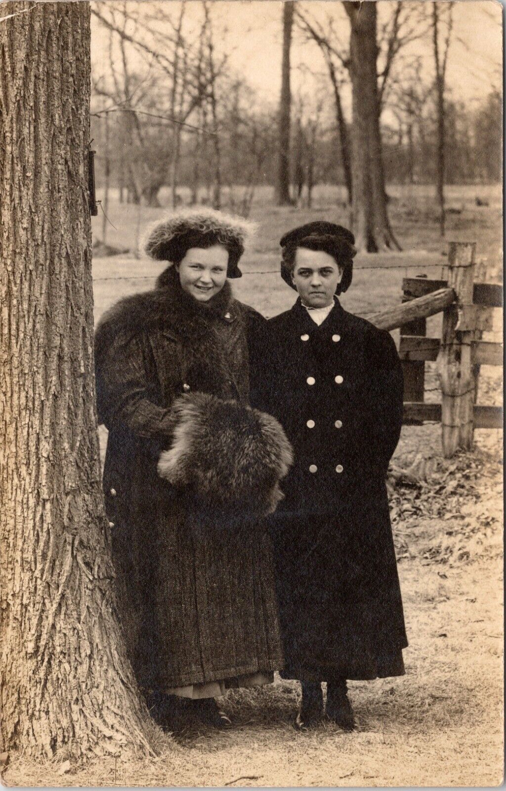 C.1910s RPPC 2 Beautiful Women Huge Fur Muff Fur Hat Winter Coats Postcard 328