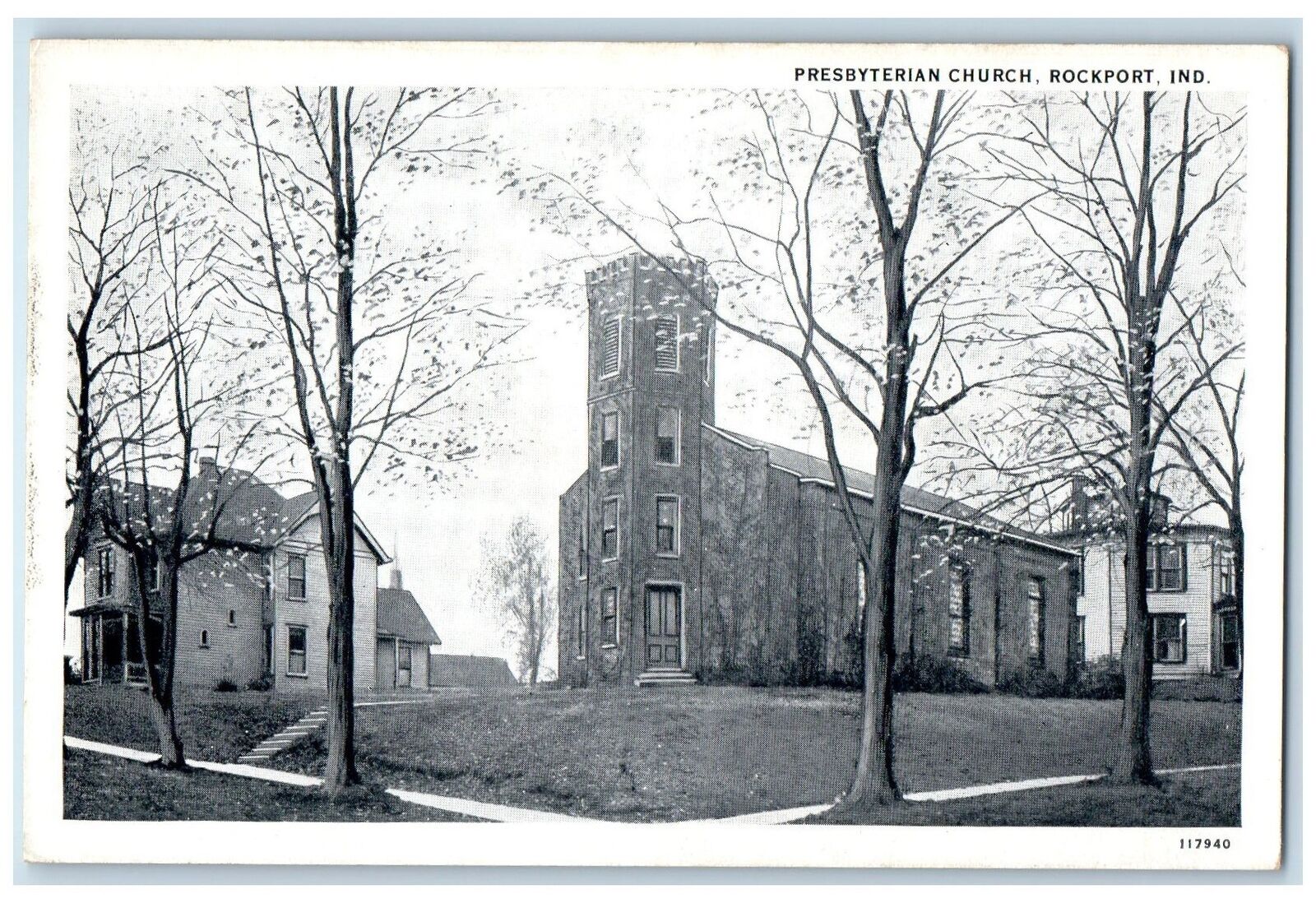 c1910's Presbyterian Church Tree-lined Rockport Indiana IN Antique Postcard