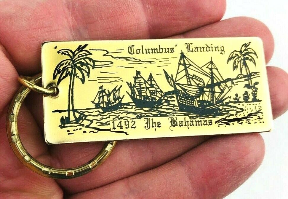 Bahamas 1492 Columbus Landing Souvenir Keychain Vintage Ship Keyring *Ca19