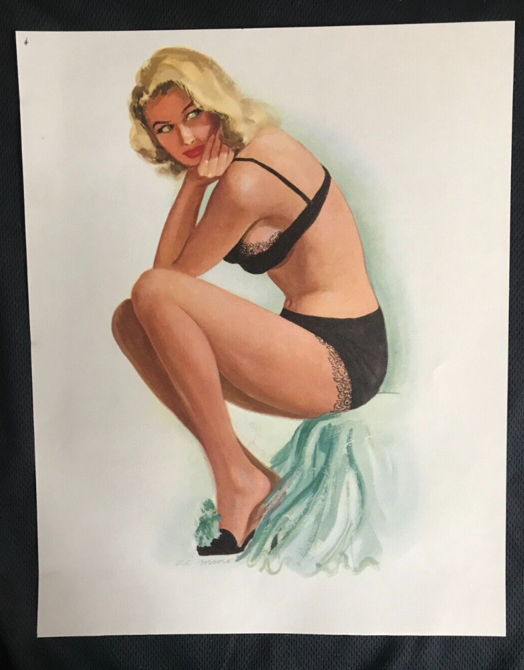 VTG Pretty Blonde pinup CUT calendar page Sept 1950 Black Bra & Panties AL MOORE