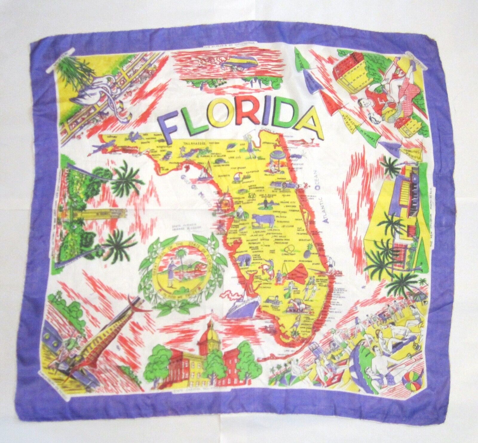 Florida Souvenir State Map Vintage Scarf Hand Rolled Pure Silk  Made in Japan
