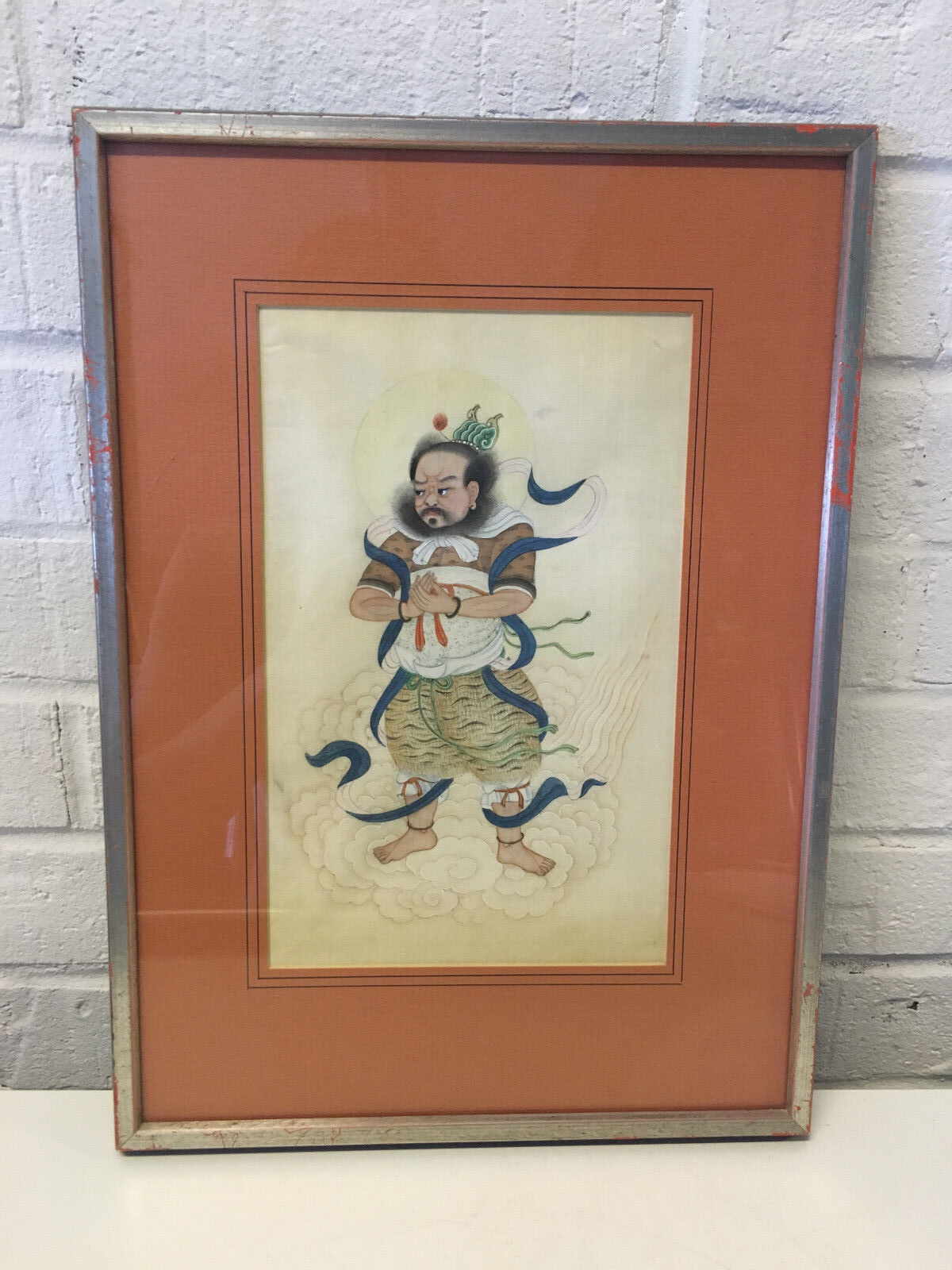 Vintage Asian Chinese or Japanese Painting on Silk of Man or God Riding on Cloud