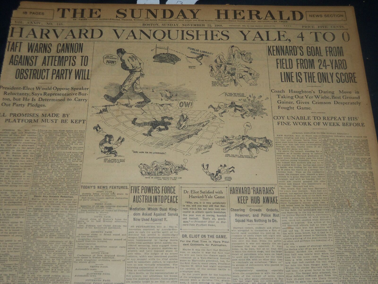 1908 NOVEMBER 22 THE BOSTON HERALD - HARVARD VANQUISHES YALE 4-0 - BH 218