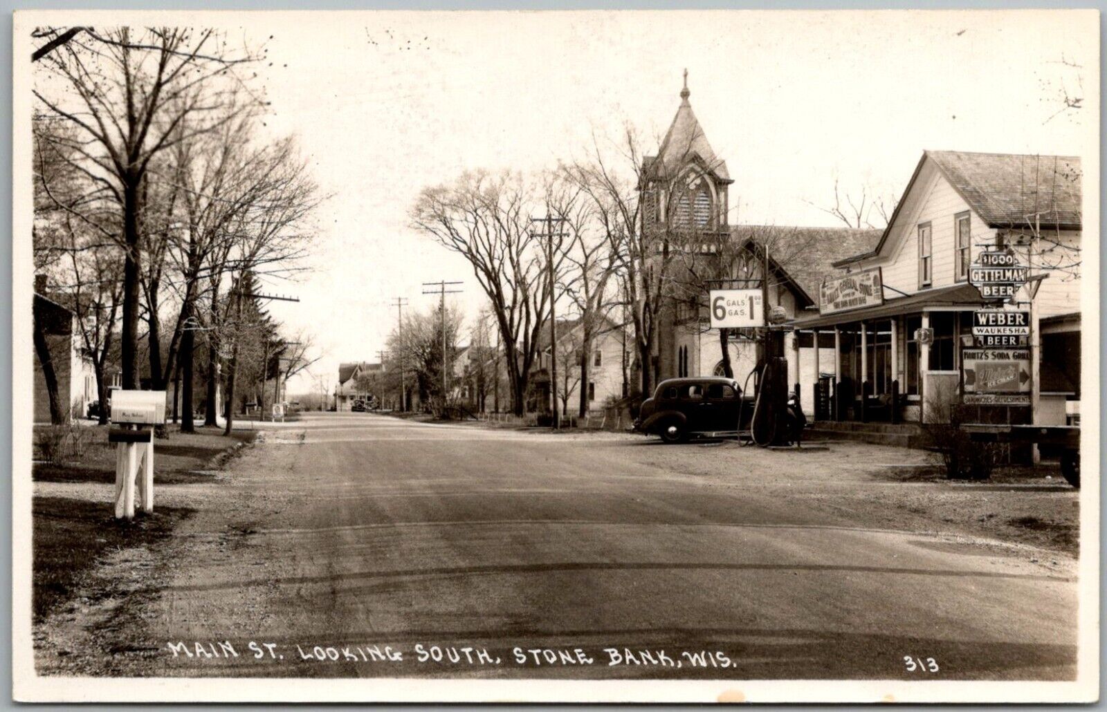Postcard Main Street Looking South; Stone Bank, Wisconsin RPPC Kuntz Store Gt