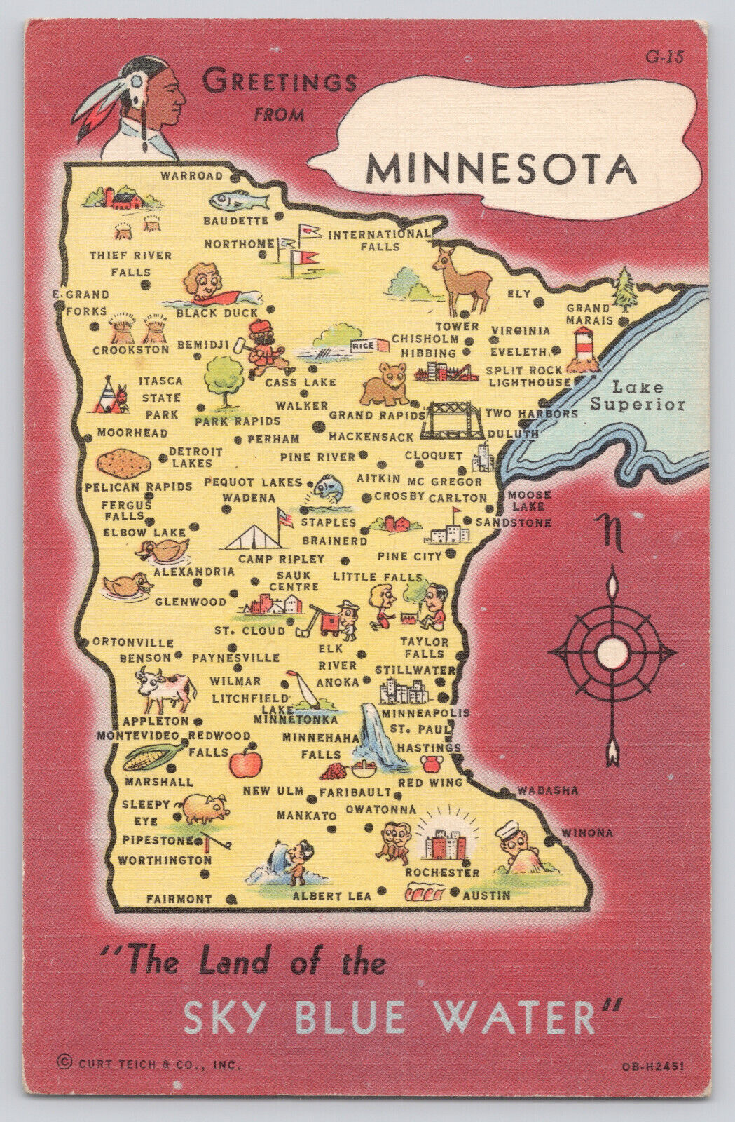 Greetings from Minnesota State Map Vintage Postcard C1940