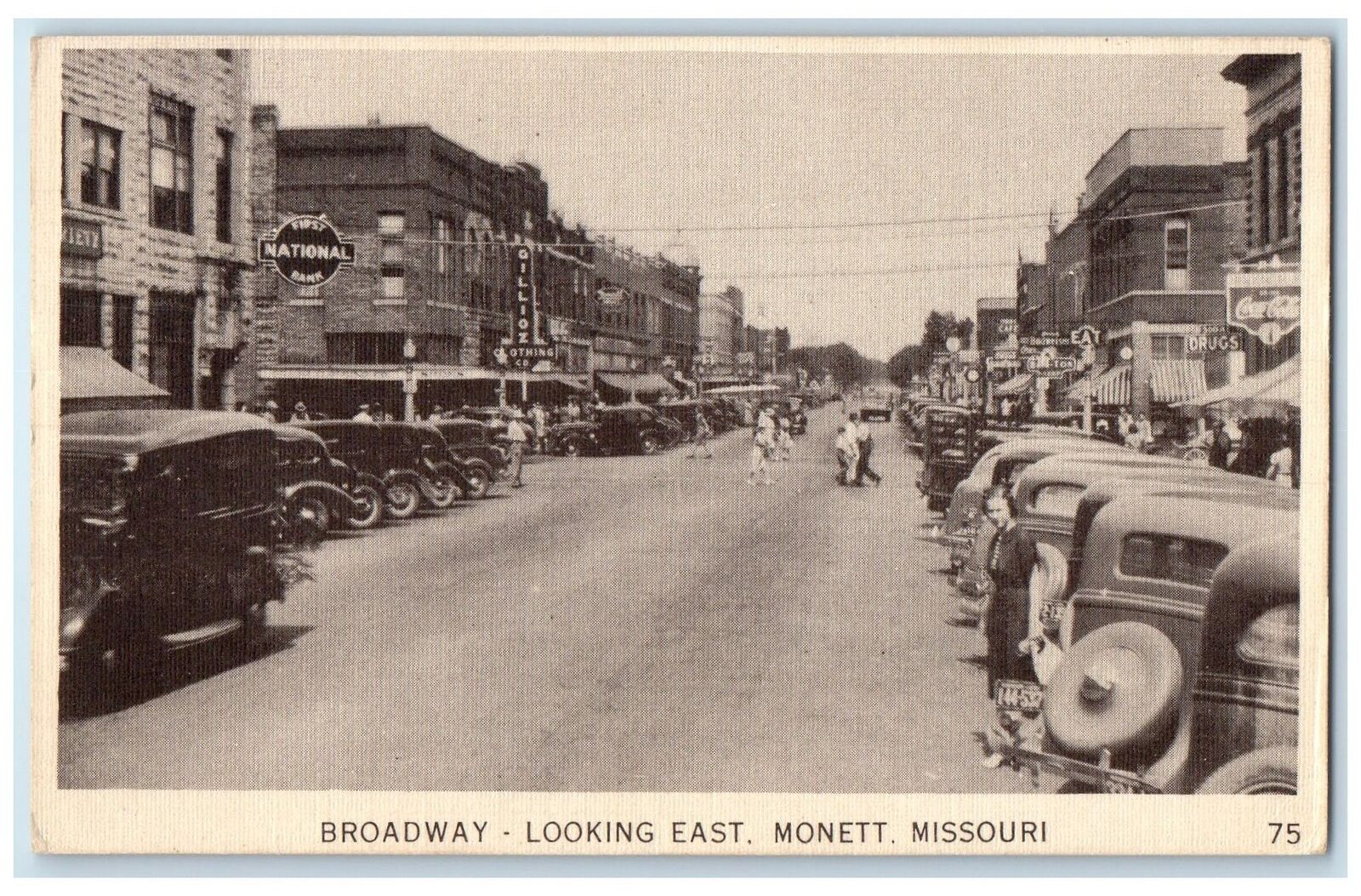 c1940's Broadway Looking East Parking Classic Cars Monett Missouri MO Postcard