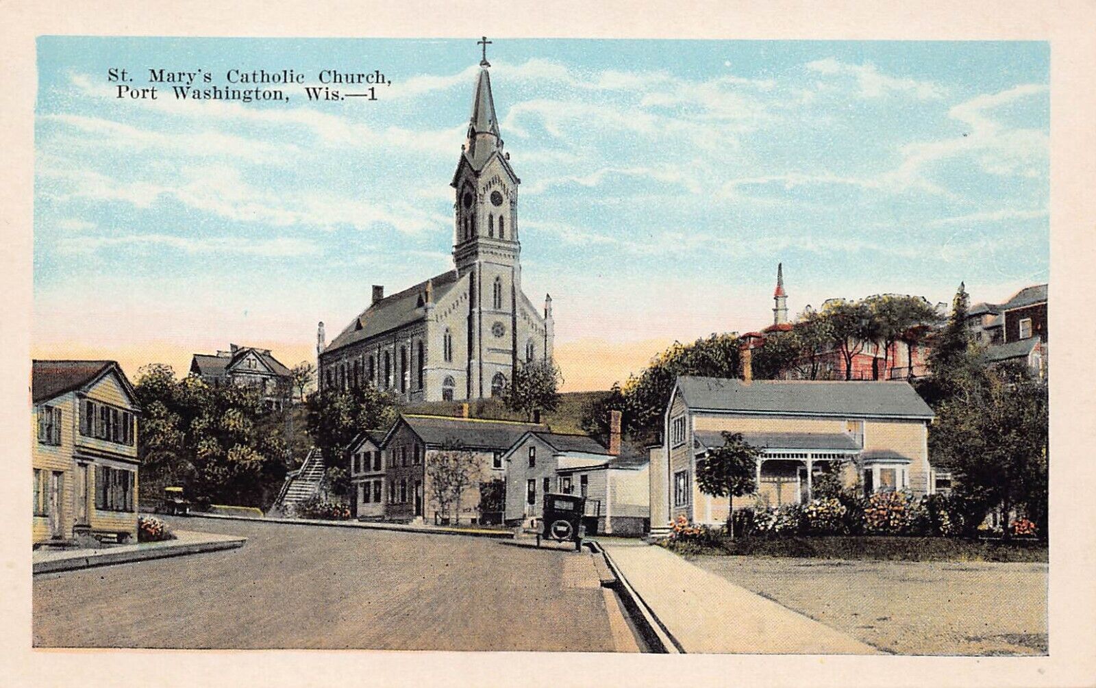 Port Washington WI Downtown Main Street Saint Mary's Church Vtg Postcard C43