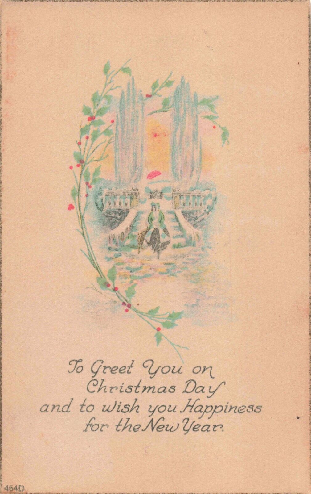 Merry Christmas, New Years Greetings, Gold Border, Vintage Postcard