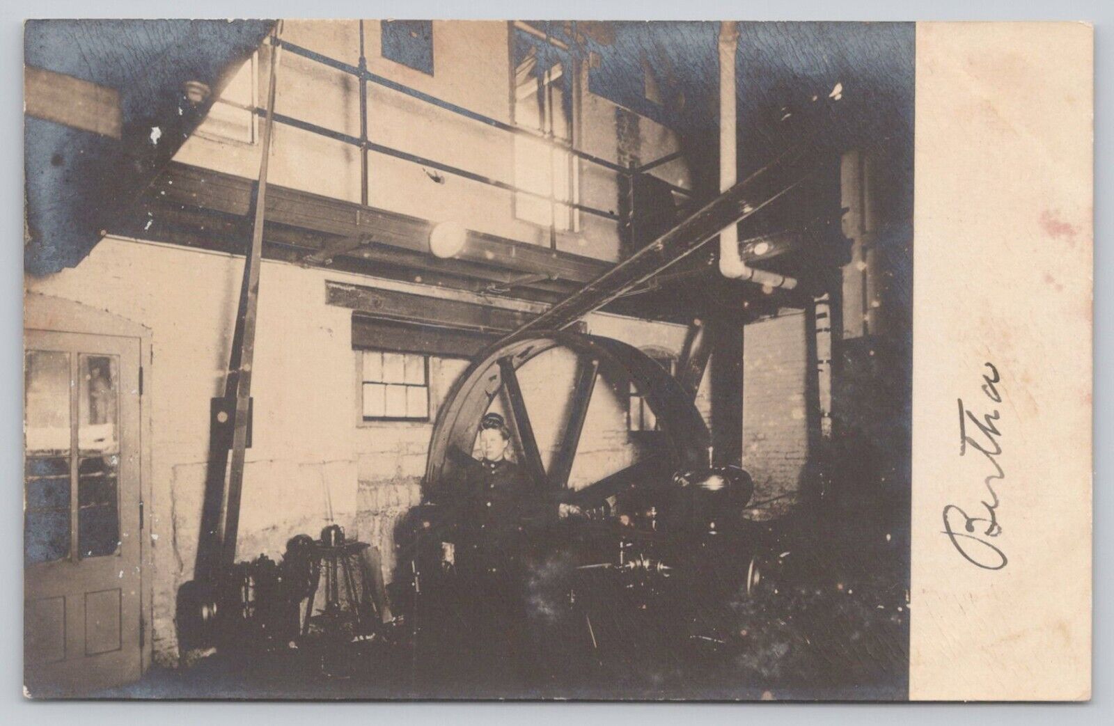 Postcard Man Standing Near Vintage Belt Driven Machinery Factory Worker RPPC