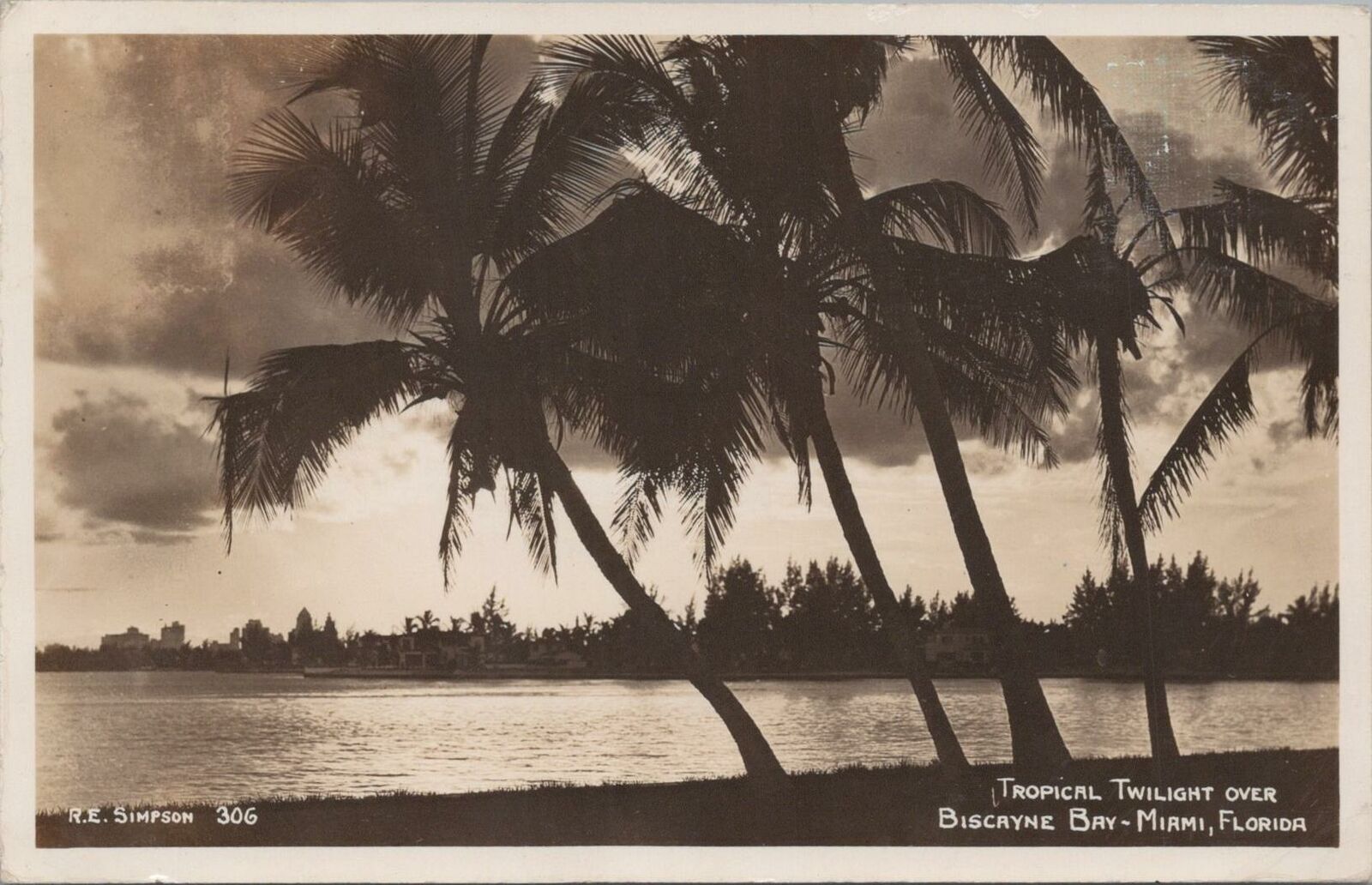 RPPC Postcard Tropical Twilight Over Biscayne Bay Miami FL 1938