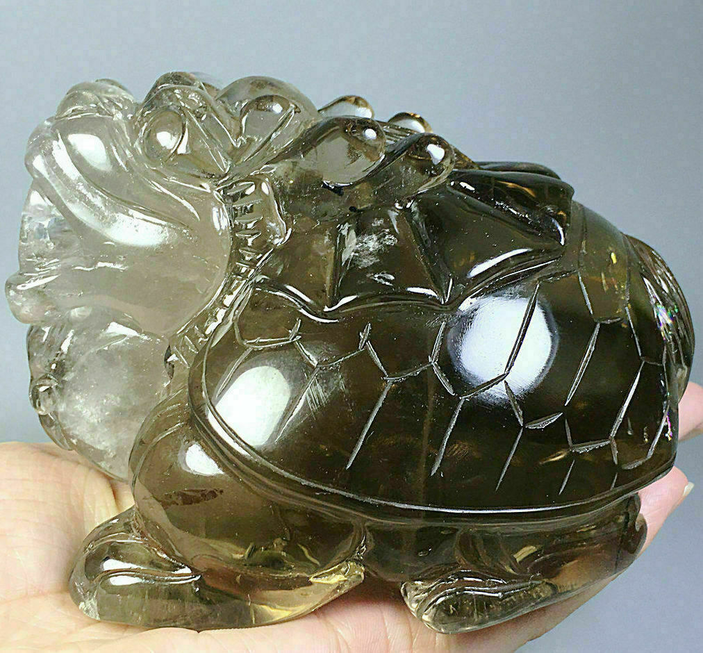 2.17lb Hand carvedNatural Clear Smoky Quartz Crystal carved dragon turtle
