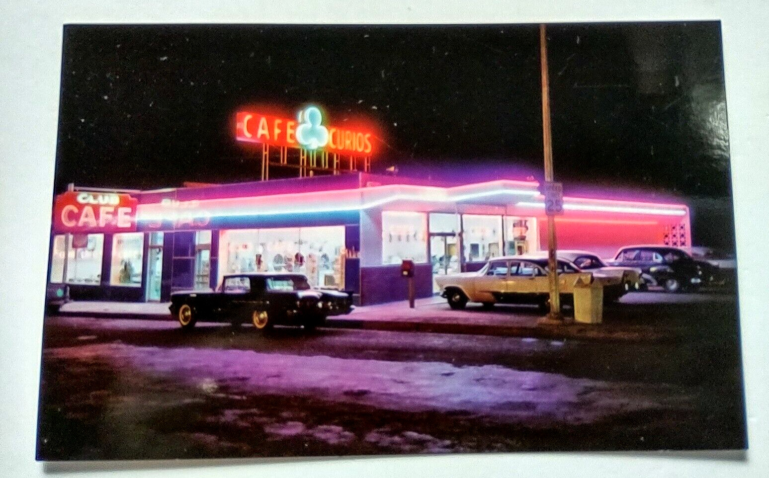 Santa Rosa New Mexico Club Cafe Rte. 66 Postcard Diner Autos Evening Outside