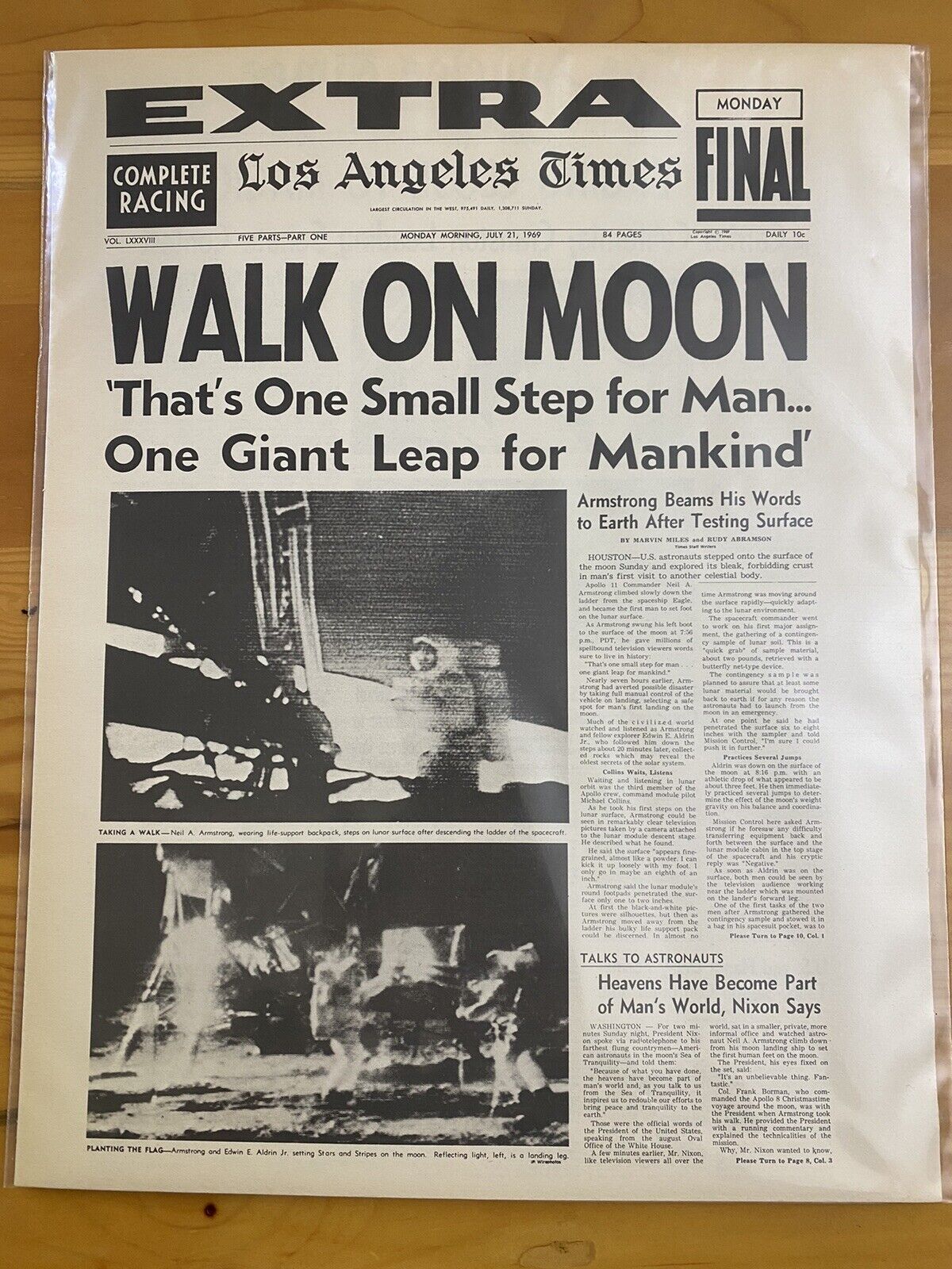 VINTAGE NEWSPAPER HEADLINE ~NASA SPACESHIP ARMSTRONG MEN LAND MOON LANDING 1969