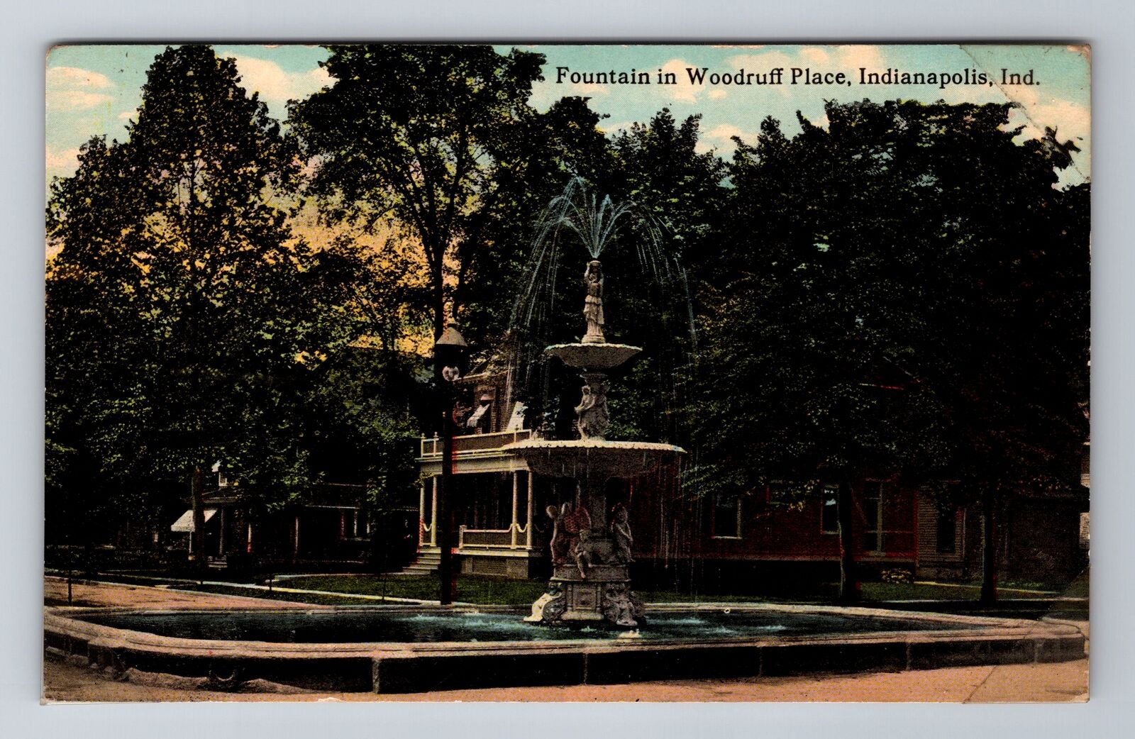 Indianapolis IN-Indiana, Fountain in Woodruff Place, Antique Vintage Postcard