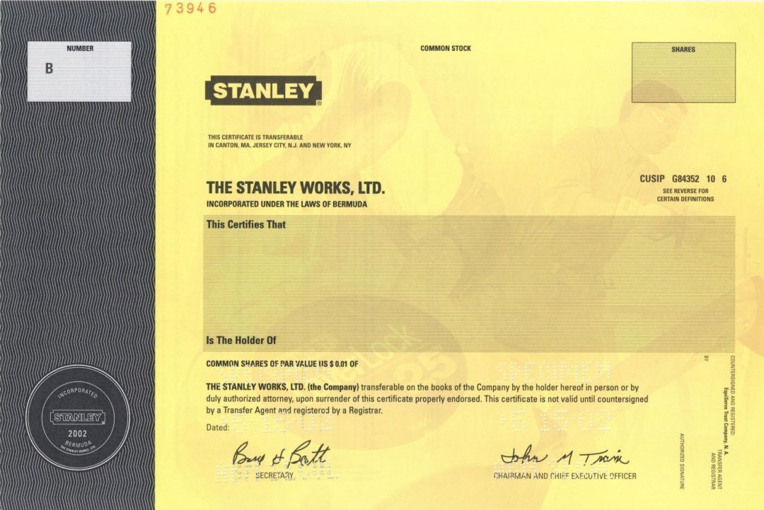 Stanley Works, Ltd. - 2002 dated Specimen Stock Certificate - Specimen Stocks & 