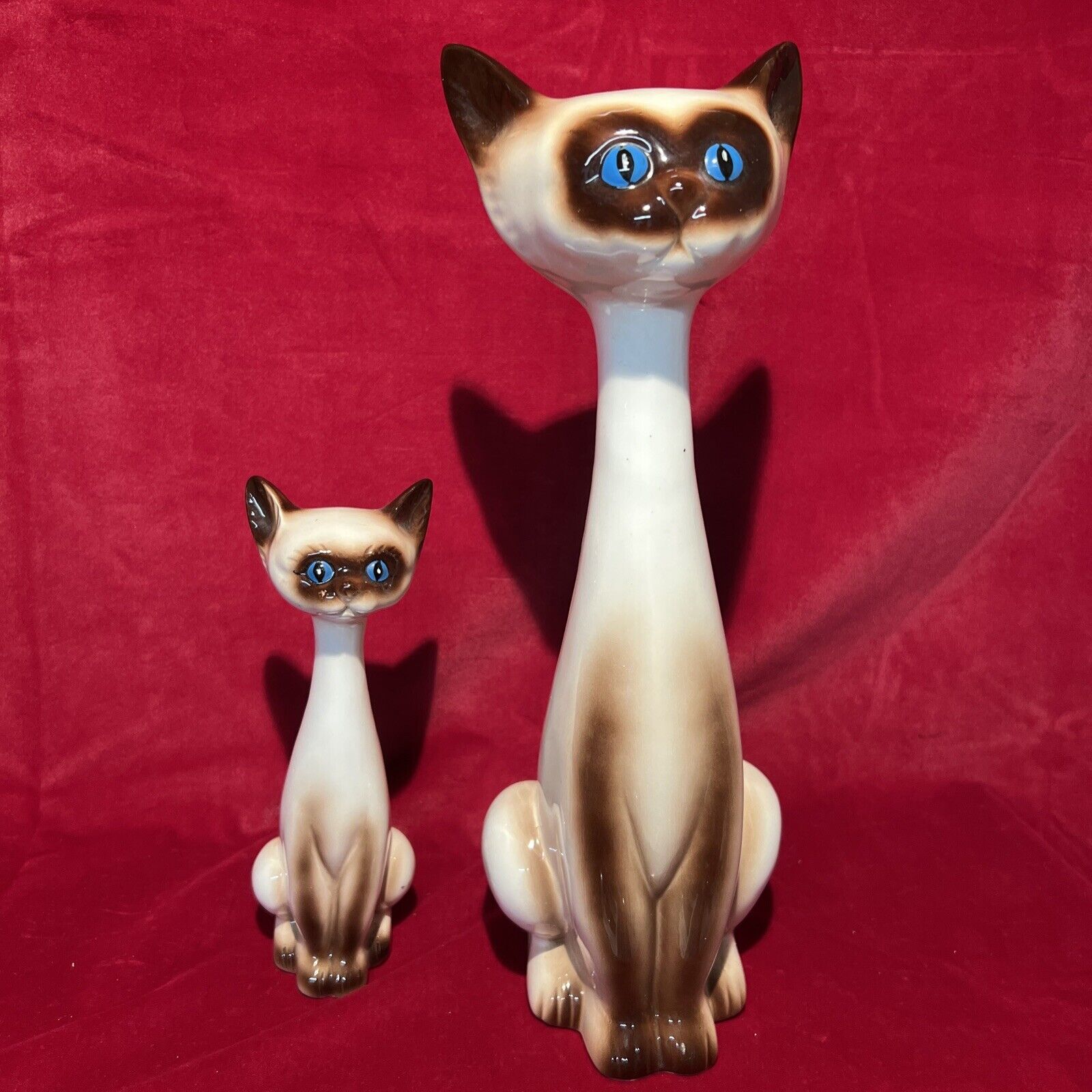 Vintage 1950’s Lefton’s Ceramic Siamese Cat Statues 14” And 8” Tall (Z)