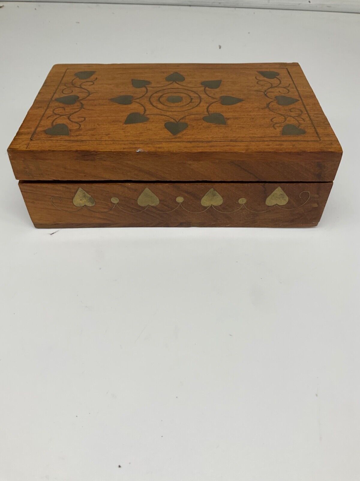 Handcarved Wooden Box Metallic Inlay 10x6x4 Hinged Lid Red lining