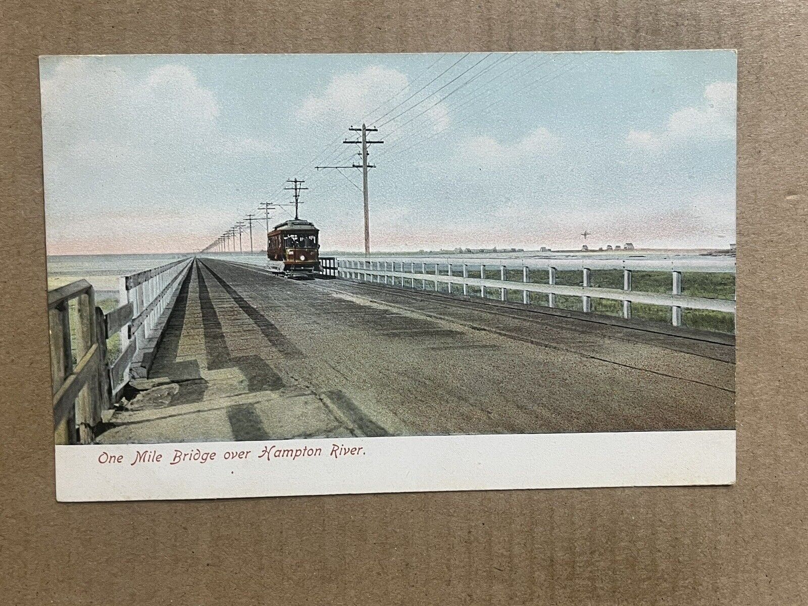 Postcard Hampton River Wooden Bridge Hampton Beach NH Trolley One Mile Long UDB