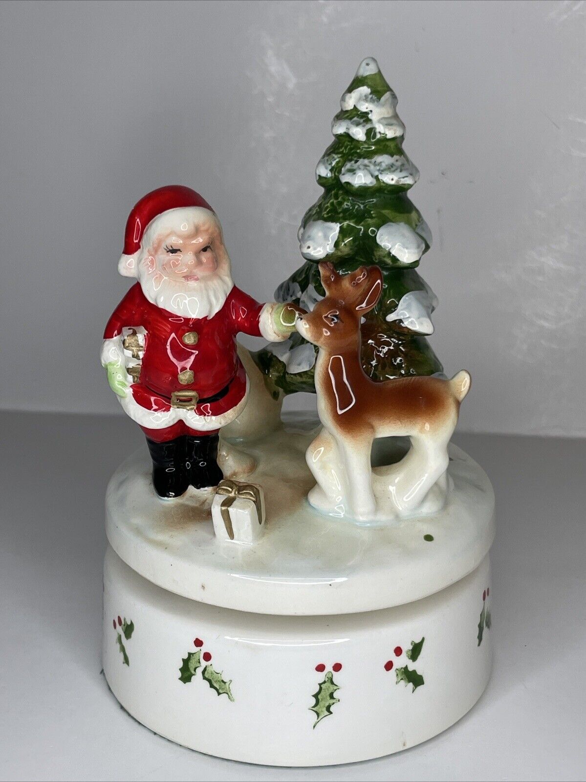 Vtg Christmas Santa Rotating Music Box Reindeer Tree Jingle Bells 6.25” Ceramic