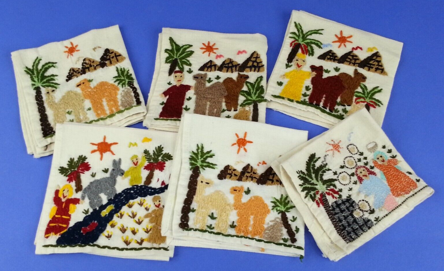 6pc Set vintage handstitched napkins with Egyptian pyramid scenes