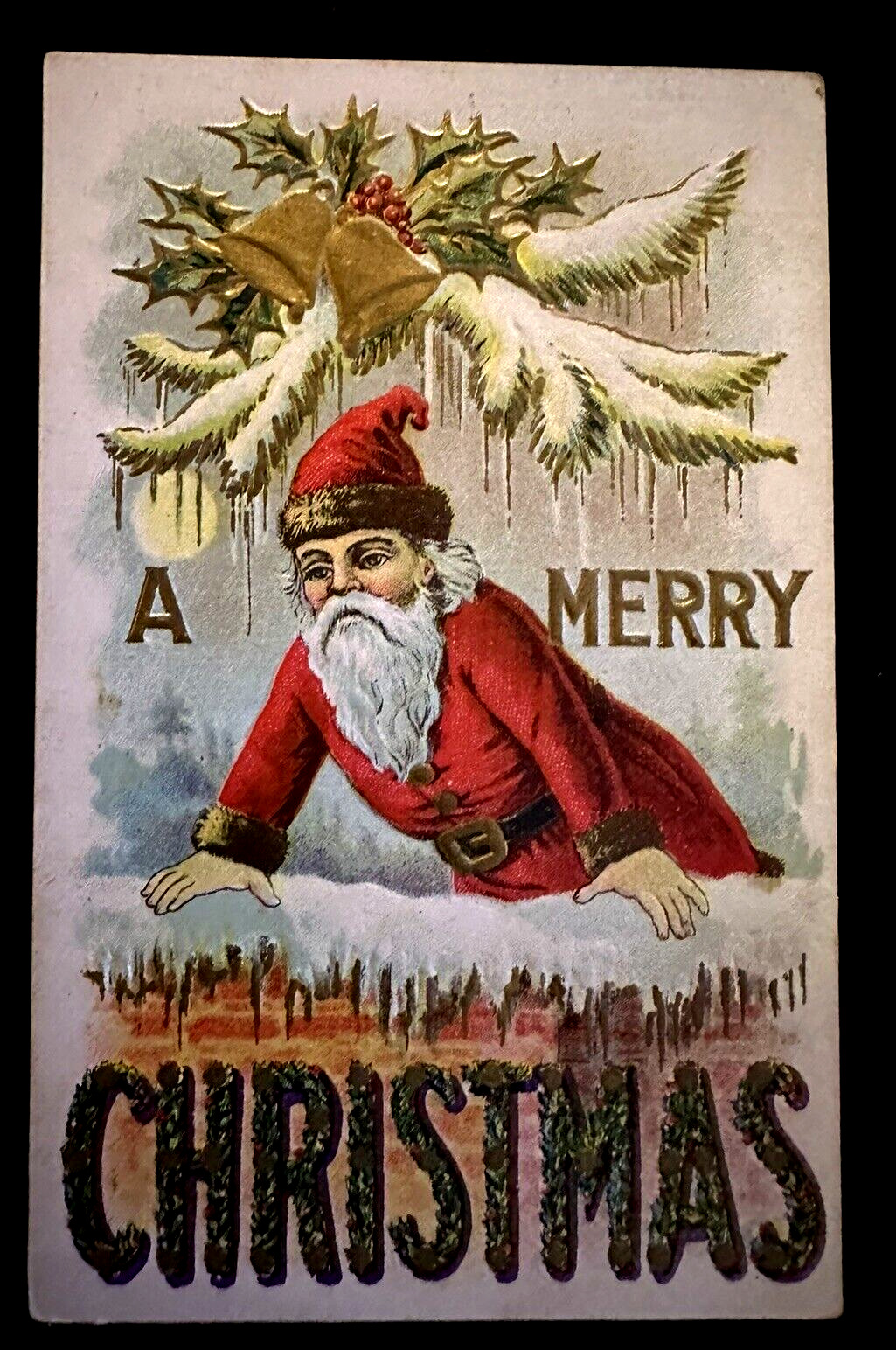 Red Robe Santa Claus with Holly~Bells~ Antique Merry ~Christmas~Postcard~k745