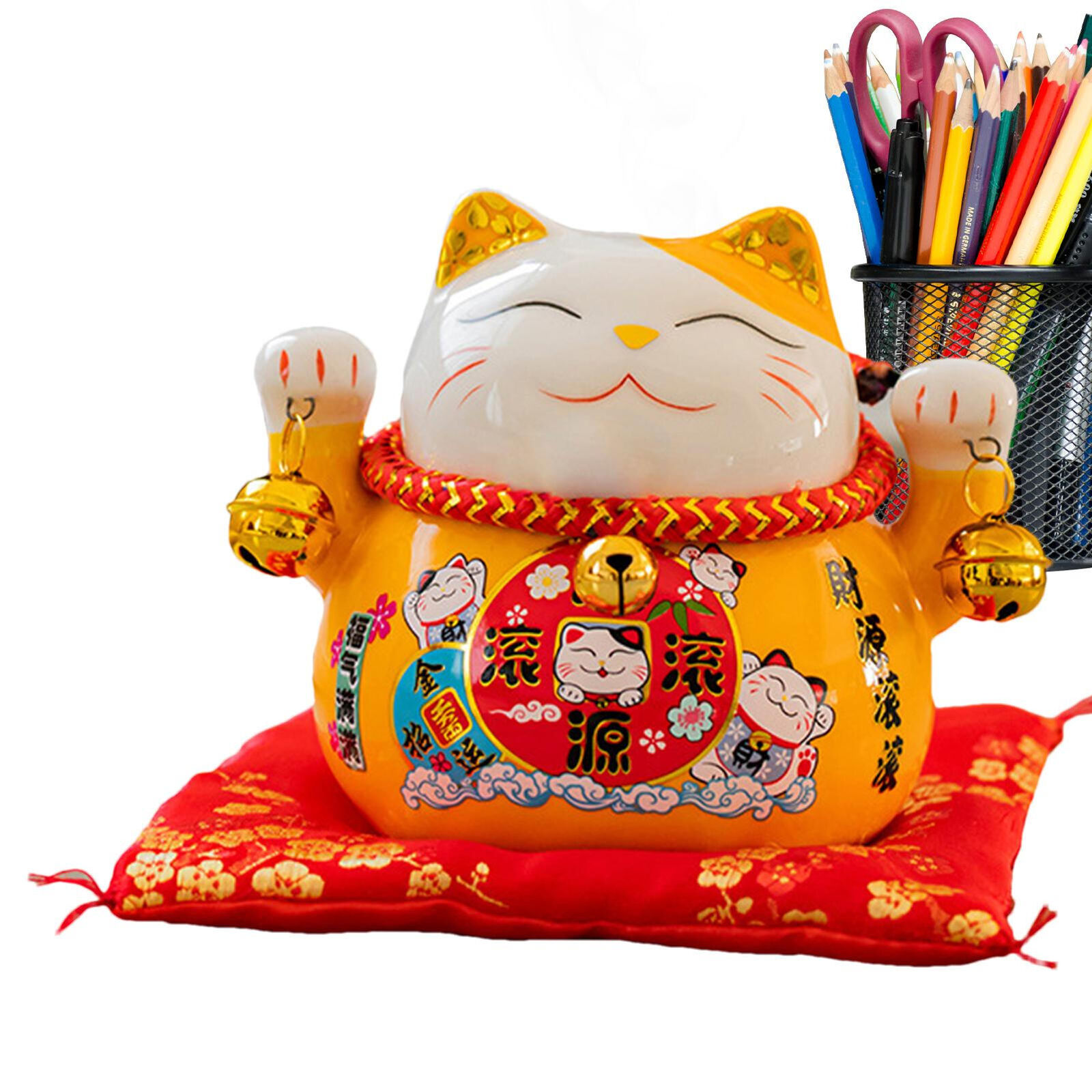 4.5in Ceramic Beckoning Cat Maneki Neko Ornament Swing Lucky Cat Feng Shui Decor