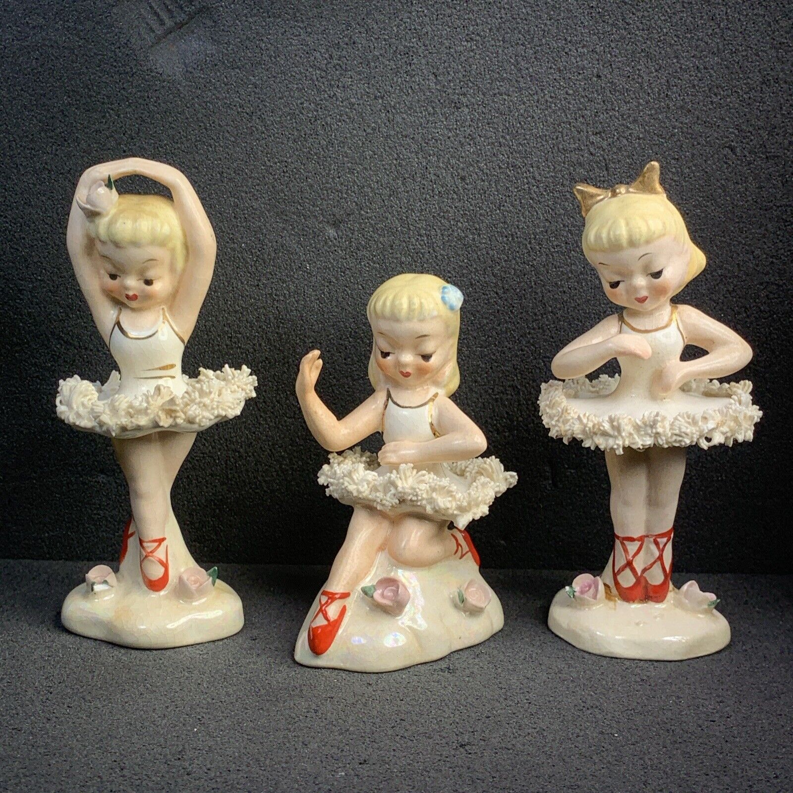 Napco Ballerina Girls (3) Figurines, Spaghetti Trim, 1950’S HTF S712A, B, C