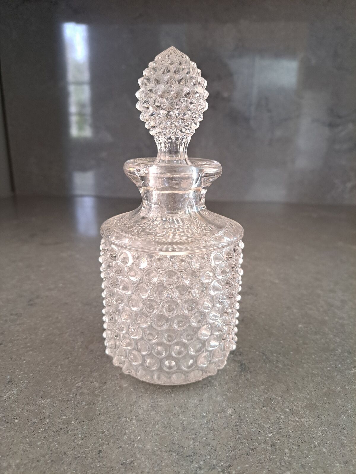 Vintage Crystal Clear Perfume Bottle With Hobnail Edge Stopper. . 
