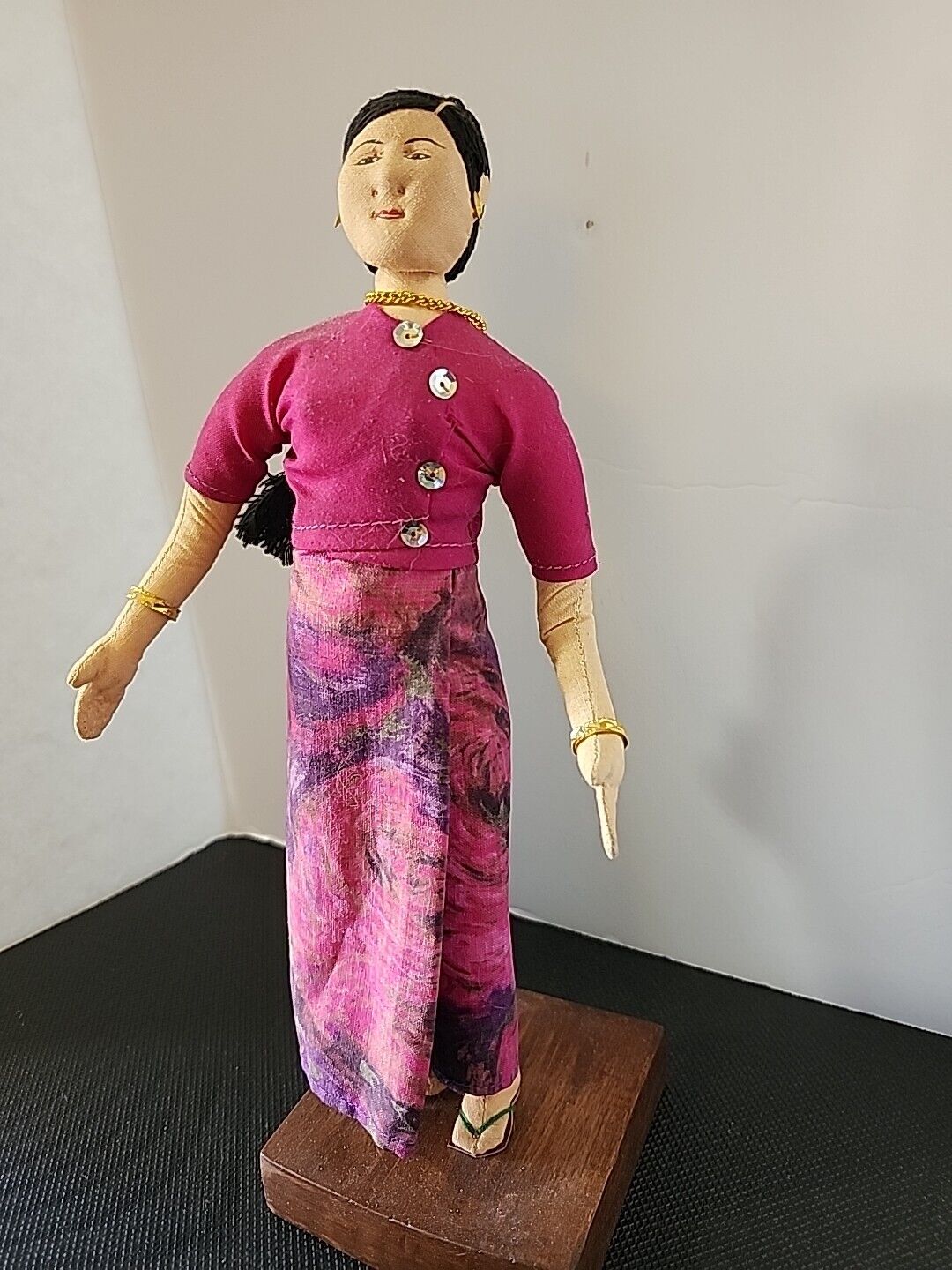 Indian Asian Figurine Lady in Pink Dress Wood Base