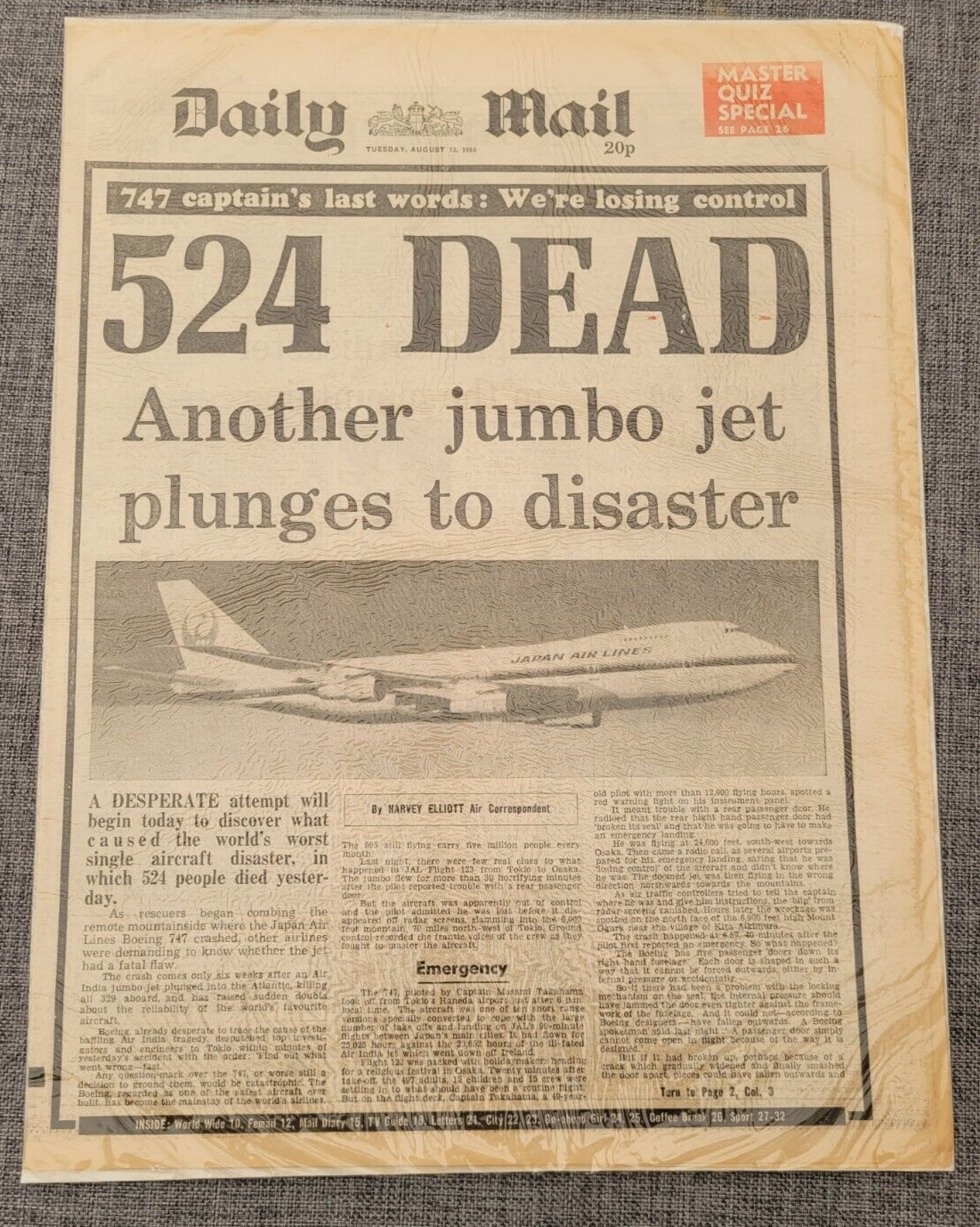 DAILY MAIL BOEING 747 DISASTER JAPAN 524 DEAD 13TH AUG 1985 NEWSPAPER