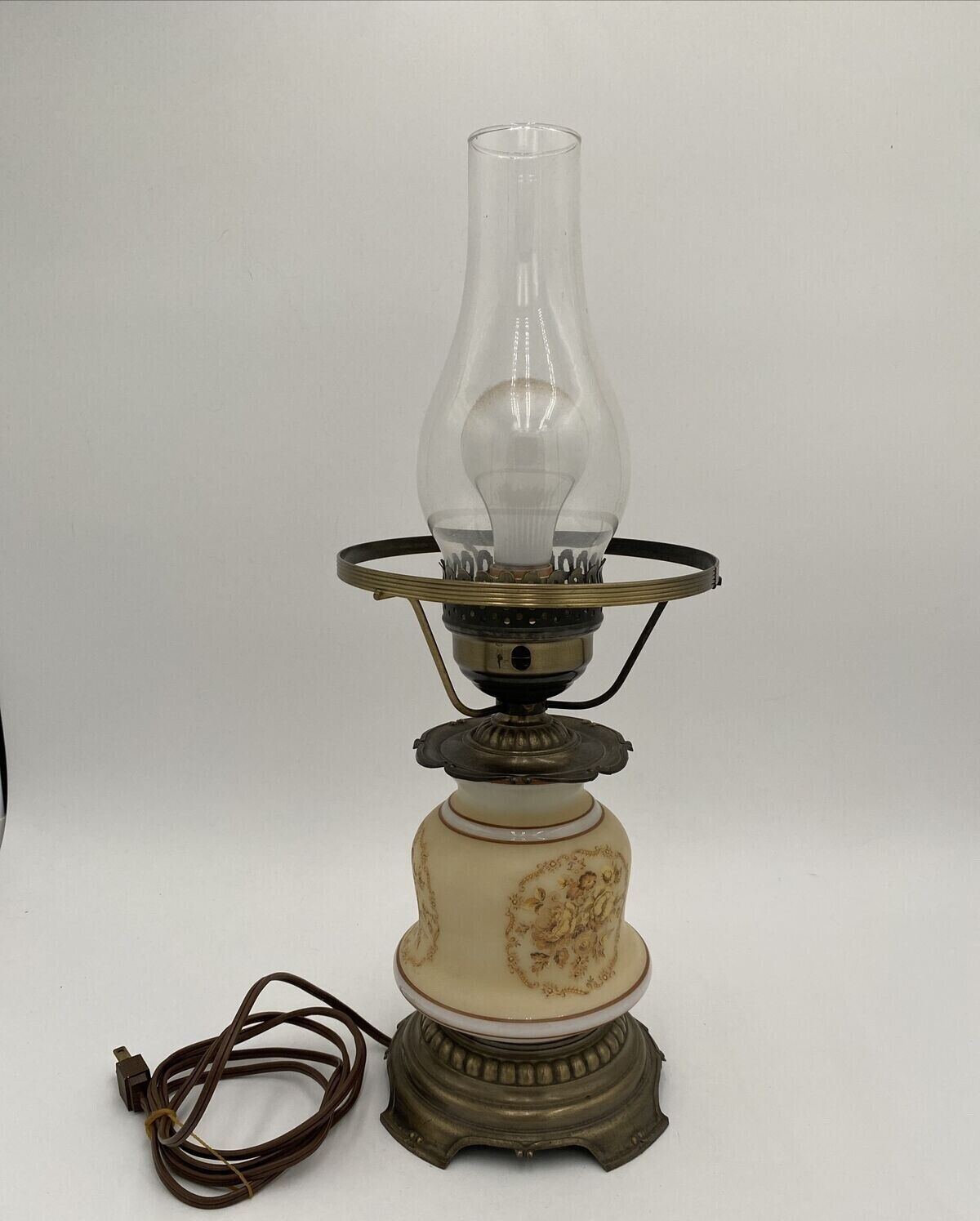 Rare Vintage Quoizel Hurricane Lamp 1977 Floral Beige & Brown Needs Top Shade