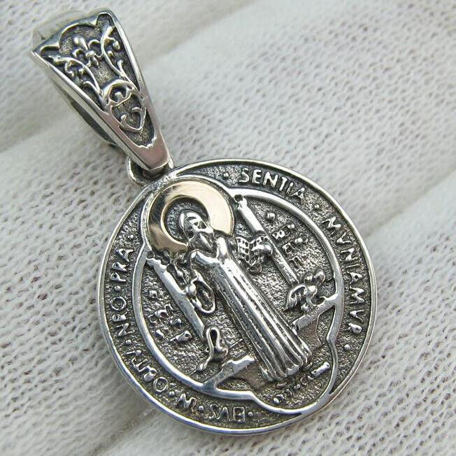925 Sterling Silver 375 Gold Saint Benedict Medal EIVS IN OBITV NRO PRAESENTIA