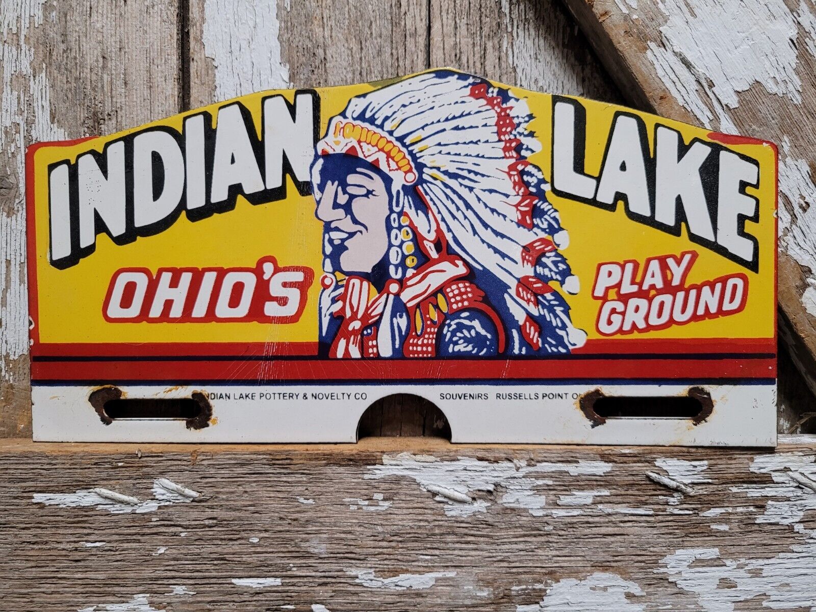 VINTAGE INDIAN LAKE PORCELAIN SIGN OHIO POTTERY TAG TOPPER PLAYGROUND PARK CAMP