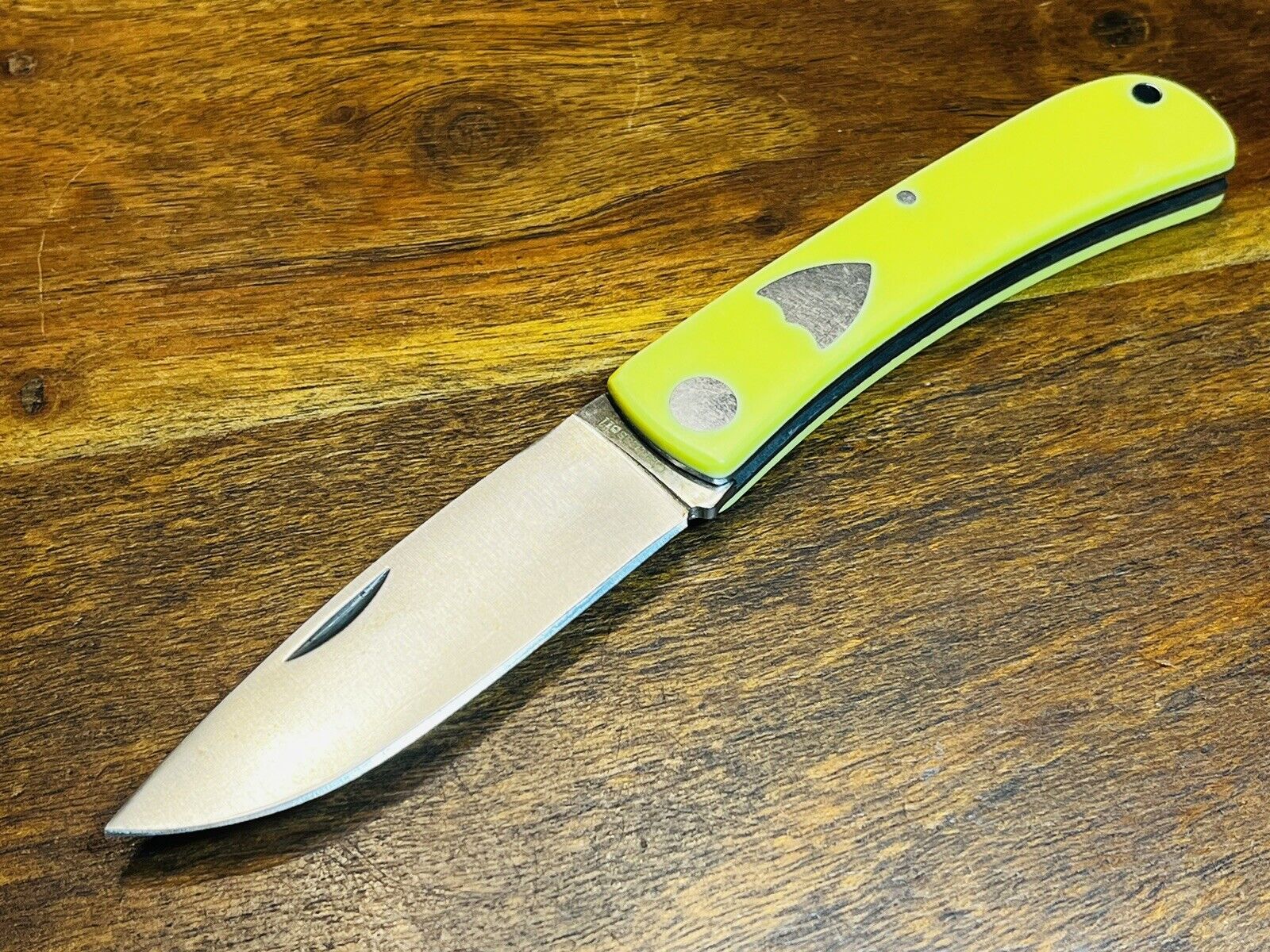 A G Russell Rancher Yellow Delrin Clip Point Blade BRAND LOGO S2 Pocket Knife