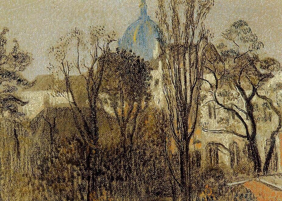 Oil painting Georges-Lemmen-Autumn church landscape with forest  