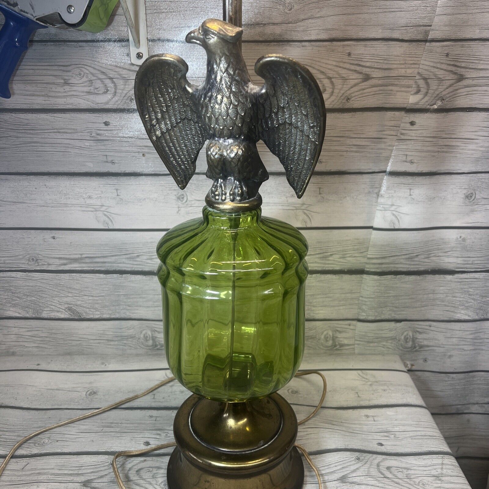 RARE Vintage Metal Eagle Green Glass Lamp ~ Collectible Decor