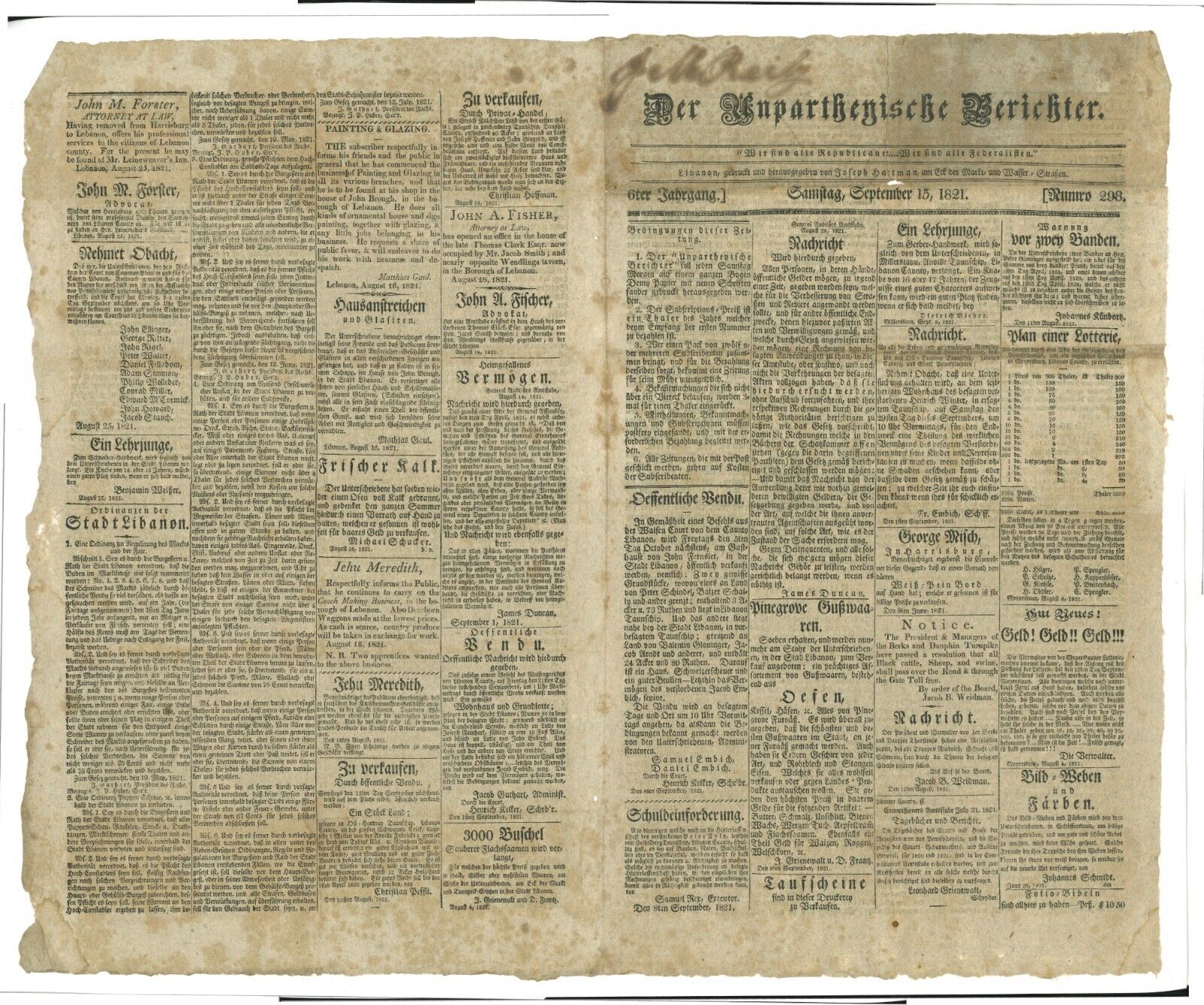 27 Newspapers Lebanon Dauphin (Harrisburg) Counties PA German English fraktur