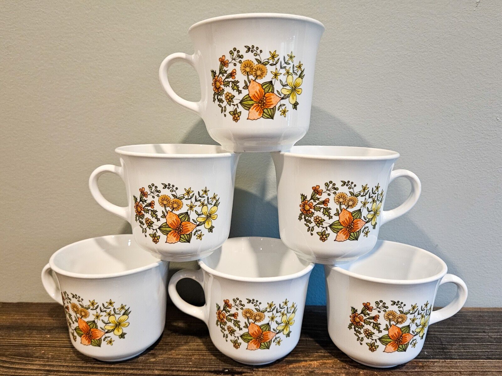Vintage 1970s Corelle Indian Summer Floral Handled Coffee Tea Cups Set Of 6