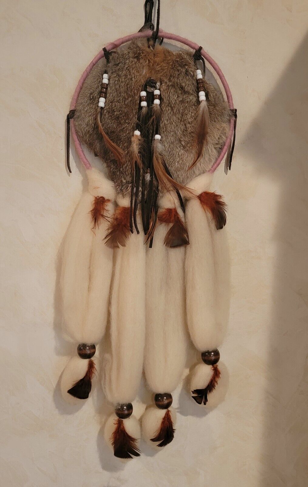 Native American Art Mandala Feathers Leather Beads Wool Dream Catcher Vintage