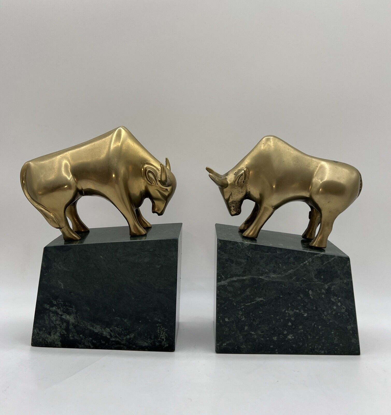 Stock Market Bookends Pair Bull Vintage Gatco Wall Street Solid Brass and Marble