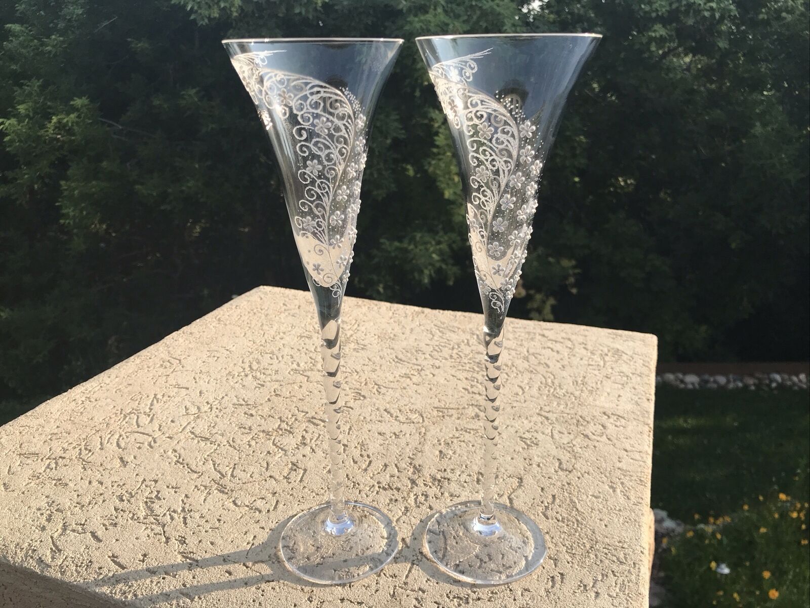 Champagne Flutes Set Of 2 Toasting Glasses Tall Elegant Floral With Twisted Stem